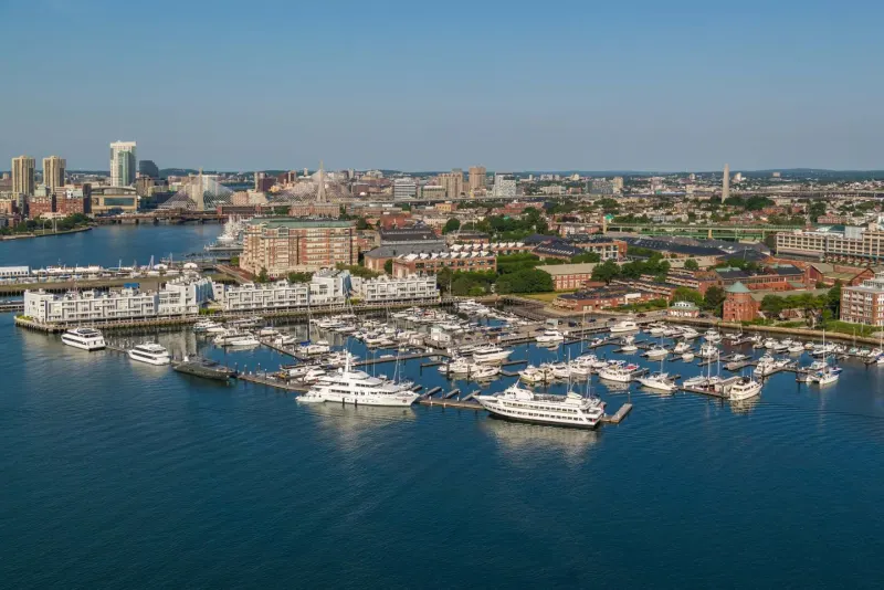Aerial of the marina and Charlestown shoreline