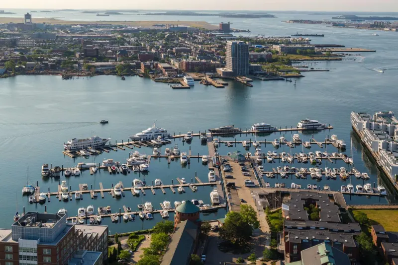 Wide aerial of Charlestown and the harbor