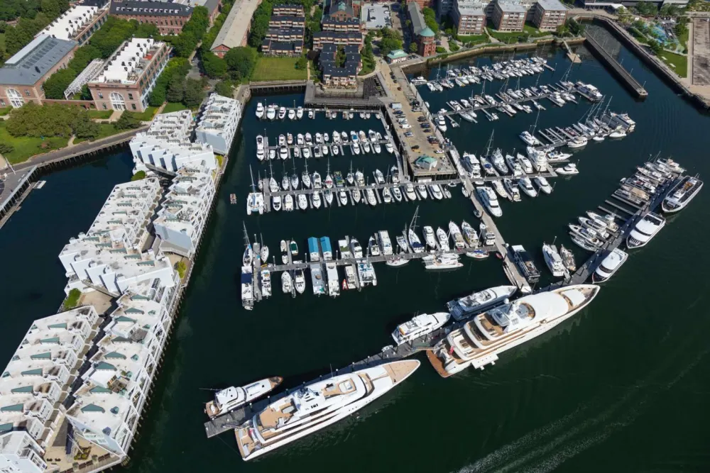 Aerial view of the marina’s docks on Boston Harbor